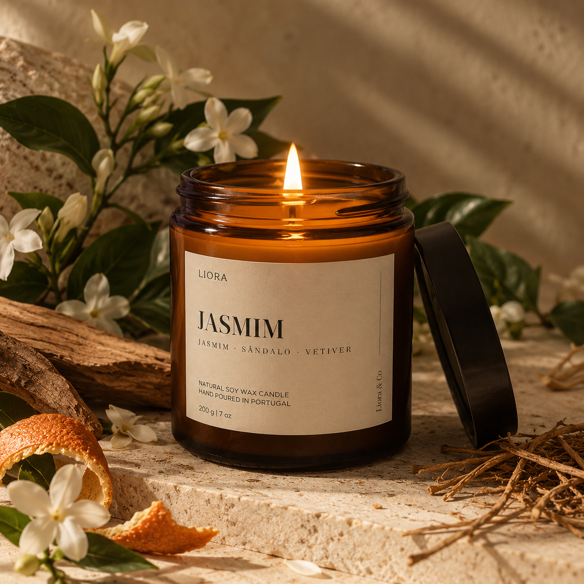 Liora Jasmim – Jasmim, Sândalo, Vetiver, Incenso & Laranja | 200g Soy Wax