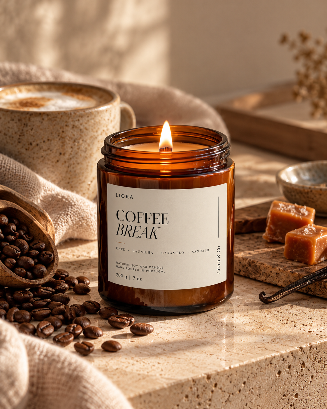 Liora Coffee Break – Café, Baunilha, Caramelo & Sândalo | 200g Soy Wax