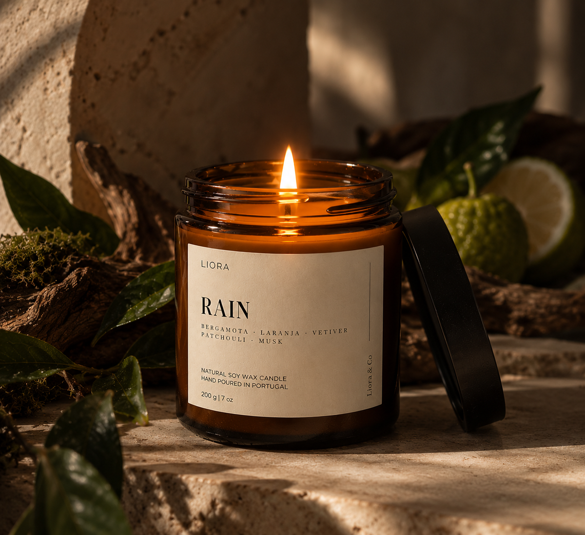 Liora Rain – Vetiver, Bergamota, Musk, Patchouli & Laranja | 200g Soy Wax